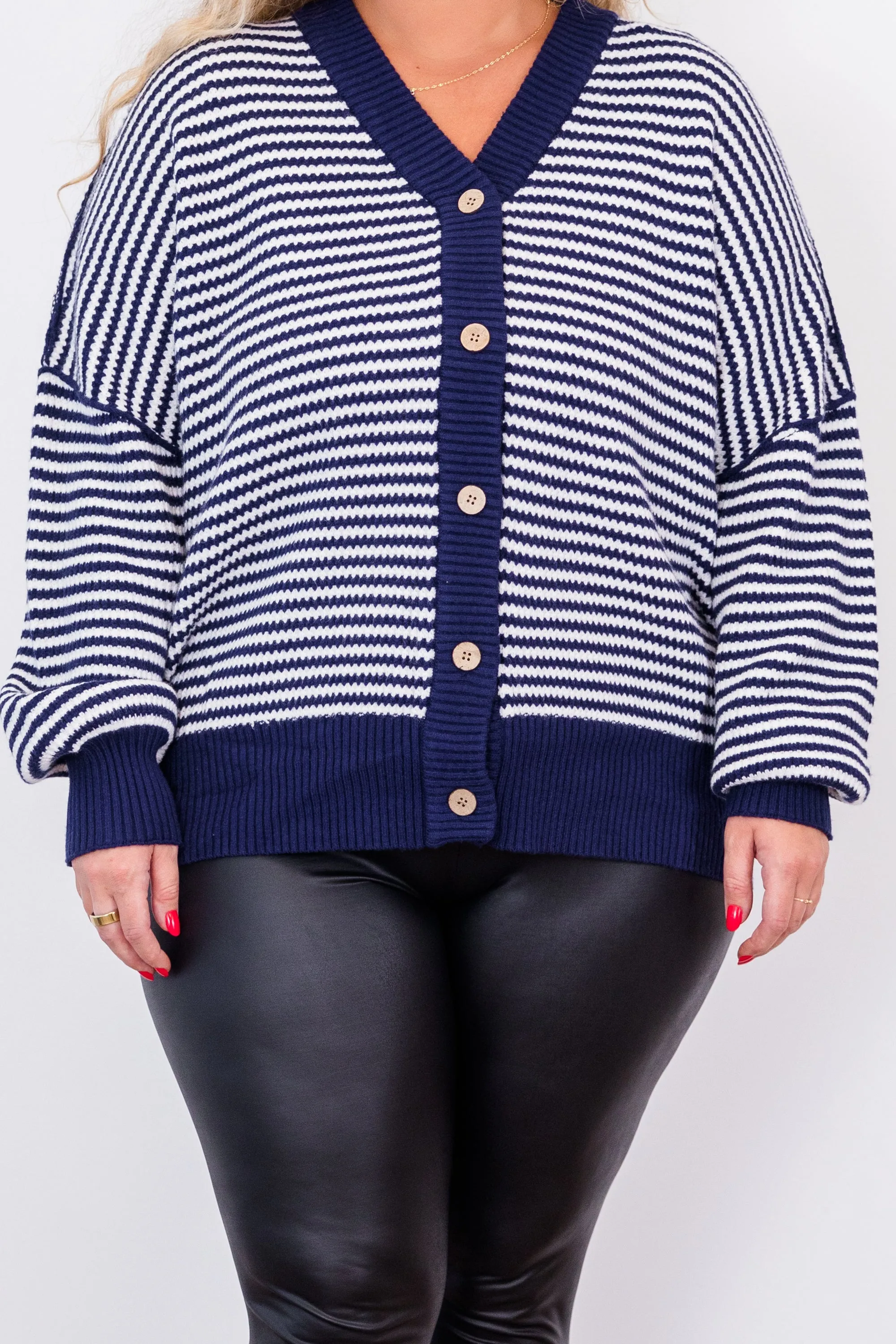 Snuggly Stripe Button-Up Sweater, Navy-Ivory