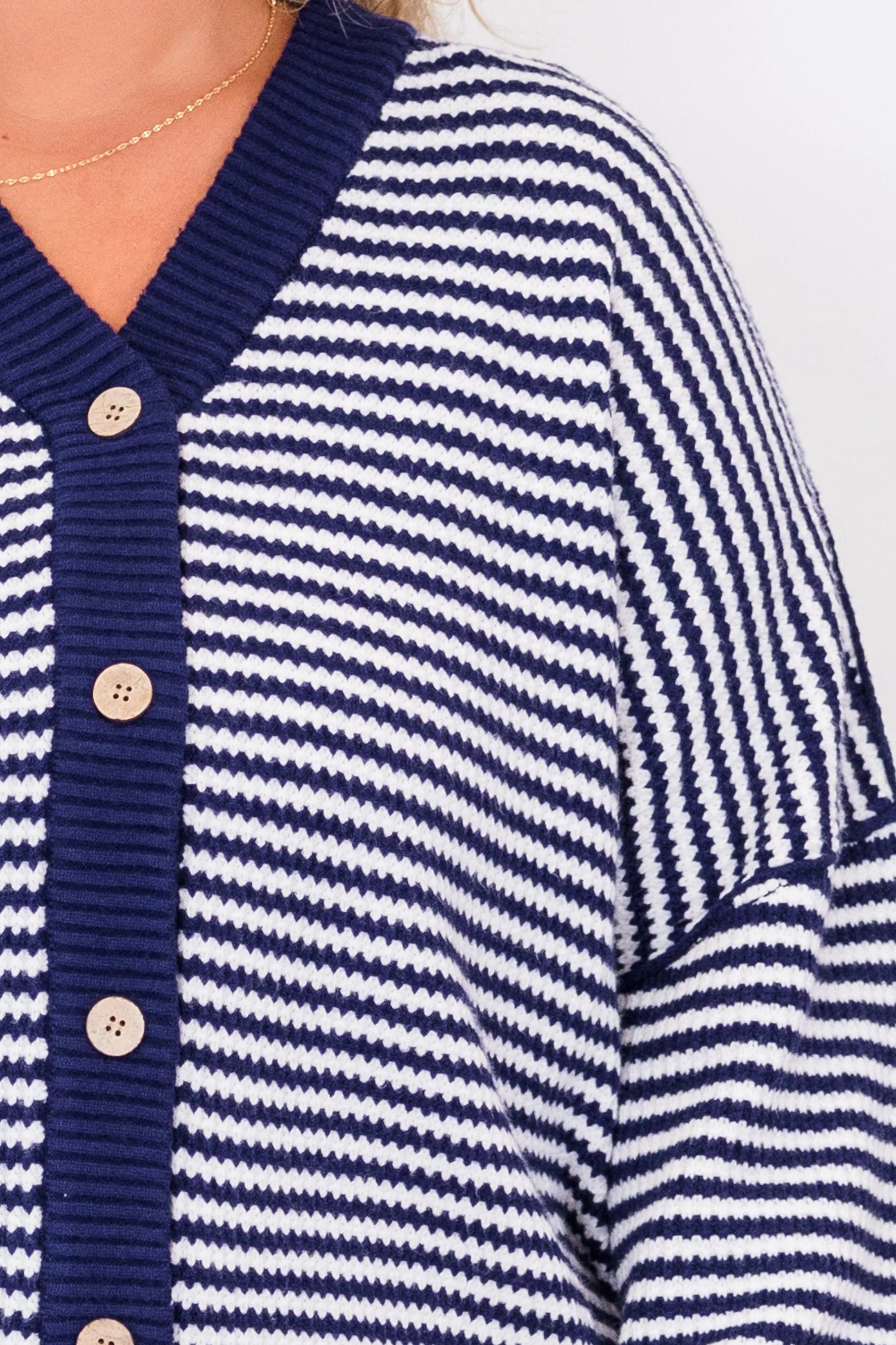 Snuggly Stripe Button-Up Sweater, Navy-Ivory