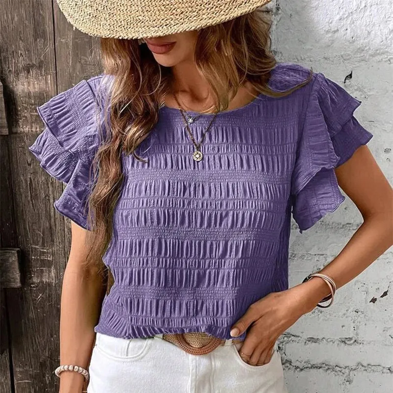 Spring New O-Neck Butterfly Ruffle Short Sleeve Casual Tee Blouse