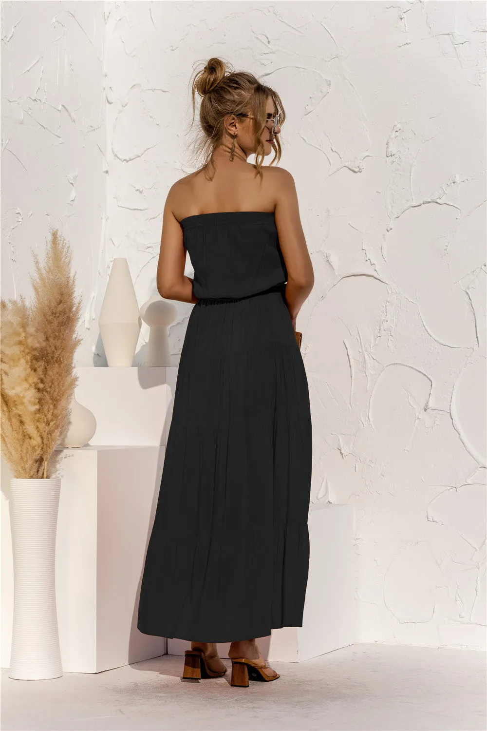 Strapless Tie Waist Tiered Maxi Dress