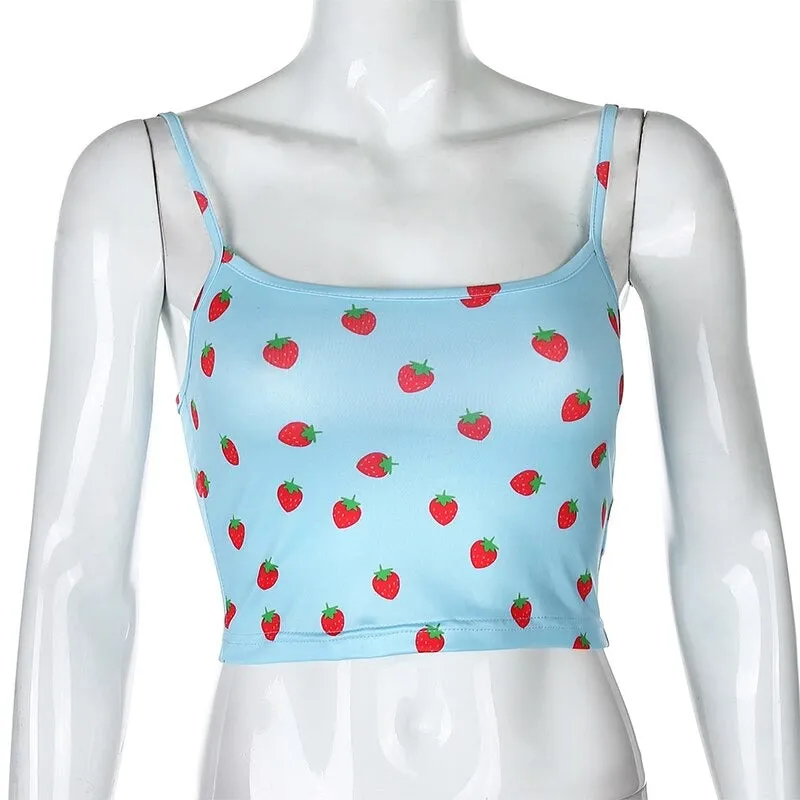 Strawberry Print Sexy Blue Short Casual Sleeveless