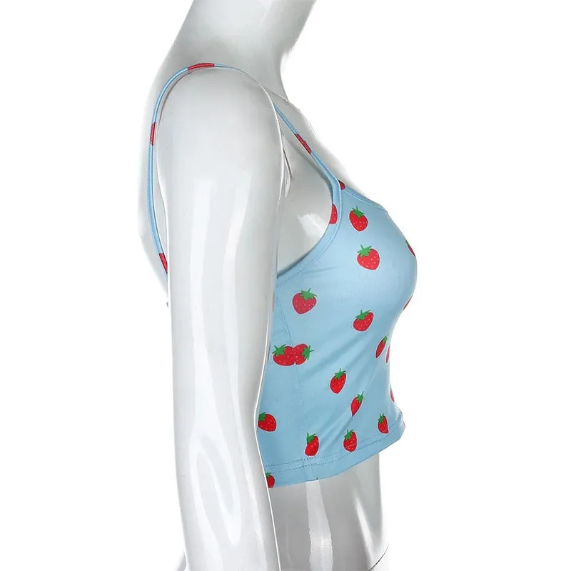 Strawberry Print Sexy Blue Short Casual Sleeveless