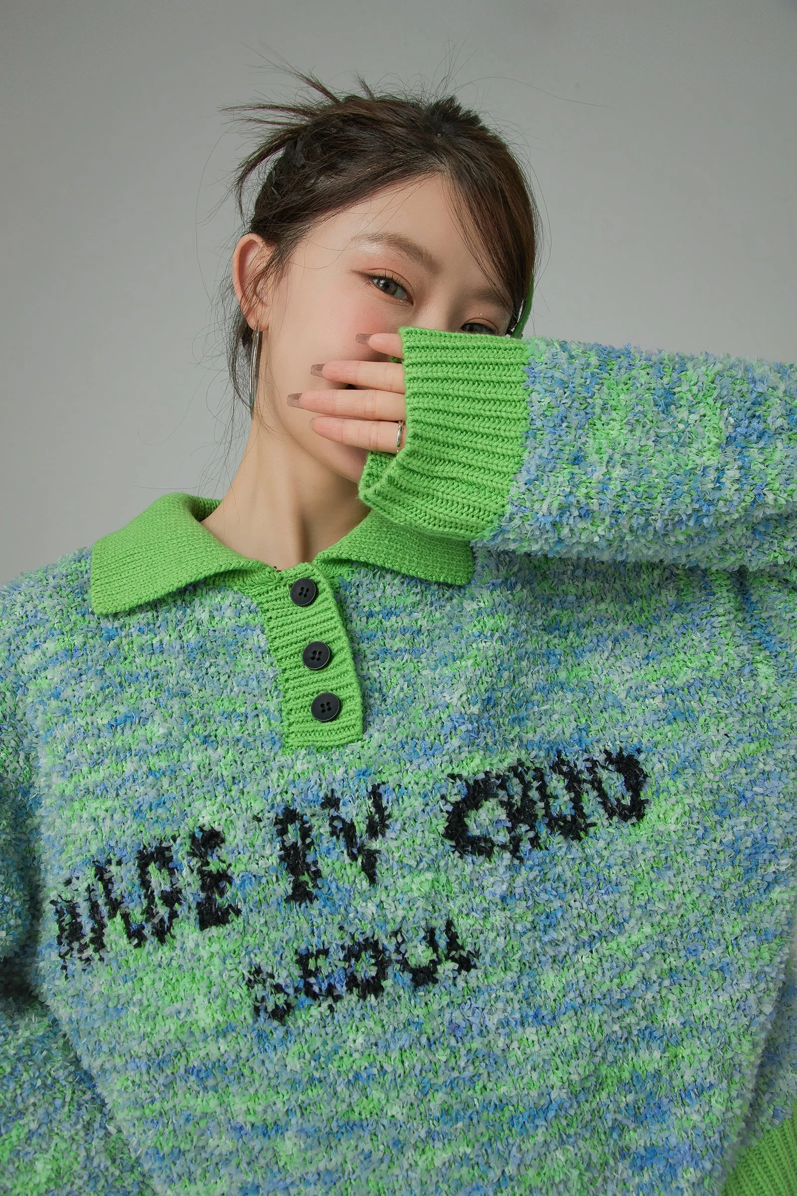 Stuck With Me Printed Button Collar Knit Sweater