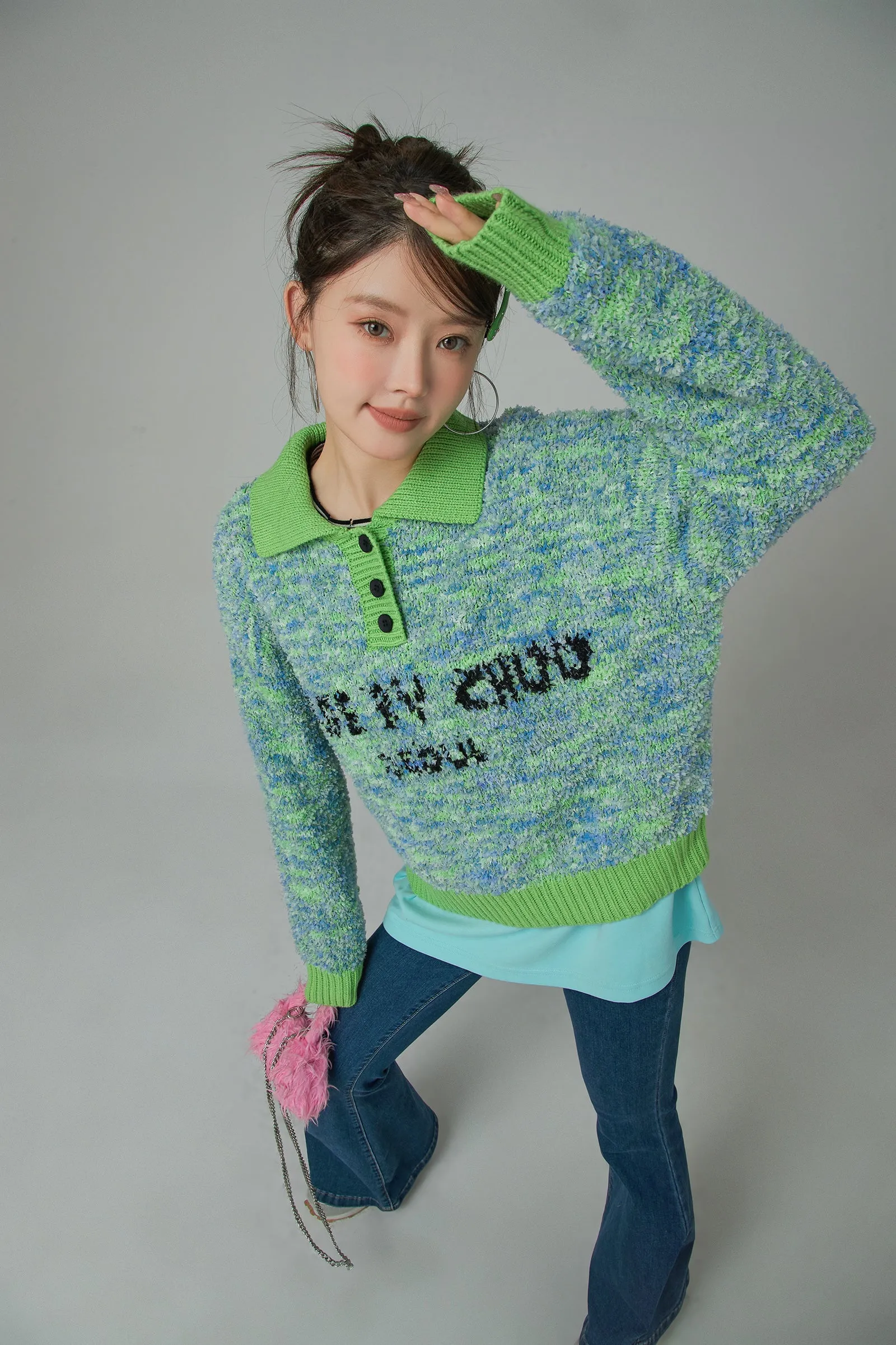 Stuck With Me Printed Button Collar Knit Sweater