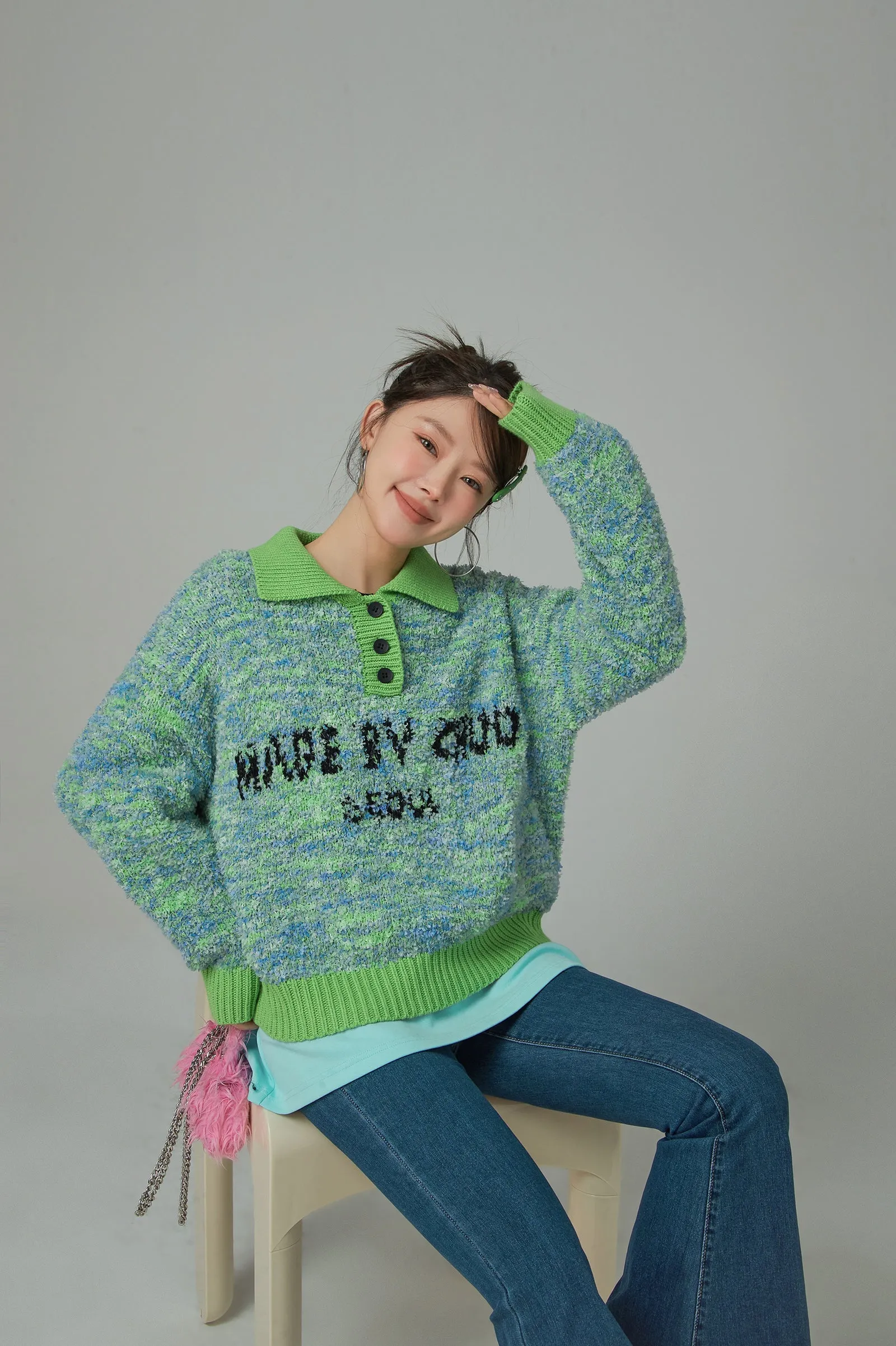 Stuck With Me Printed Button Collar Knit Sweater