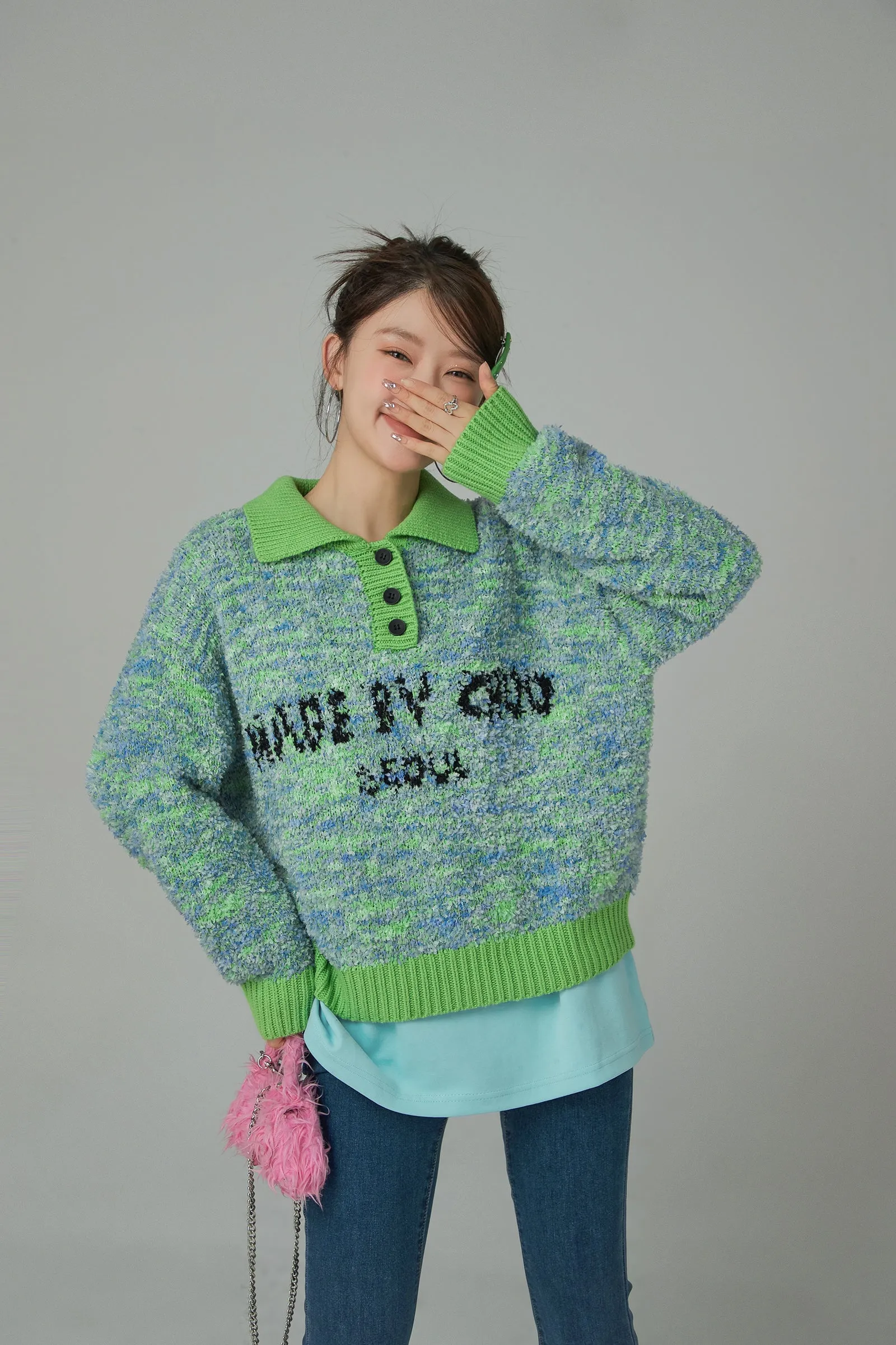 Stuck With Me Printed Button Collar Knit Sweater