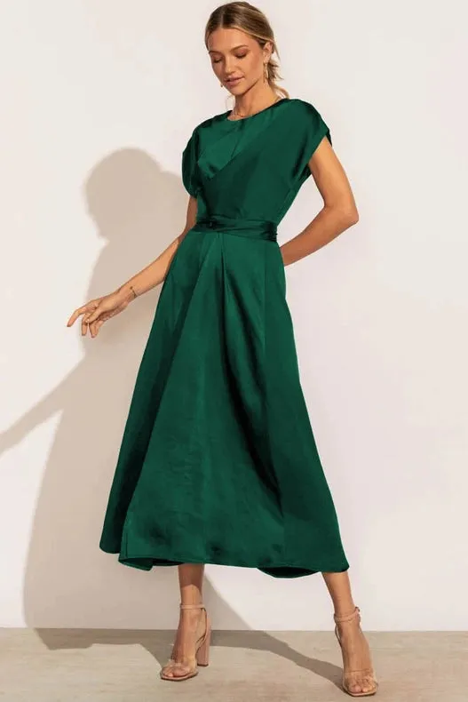 Sweetkama Ladies Waist Tie Short Sleeves Daily Party Dress Dark Green