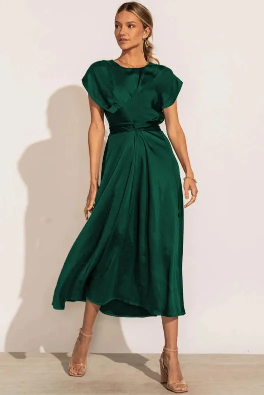 Sweetkama Ladies Waist Tie Short Sleeves Daily Party Dress Dark Green