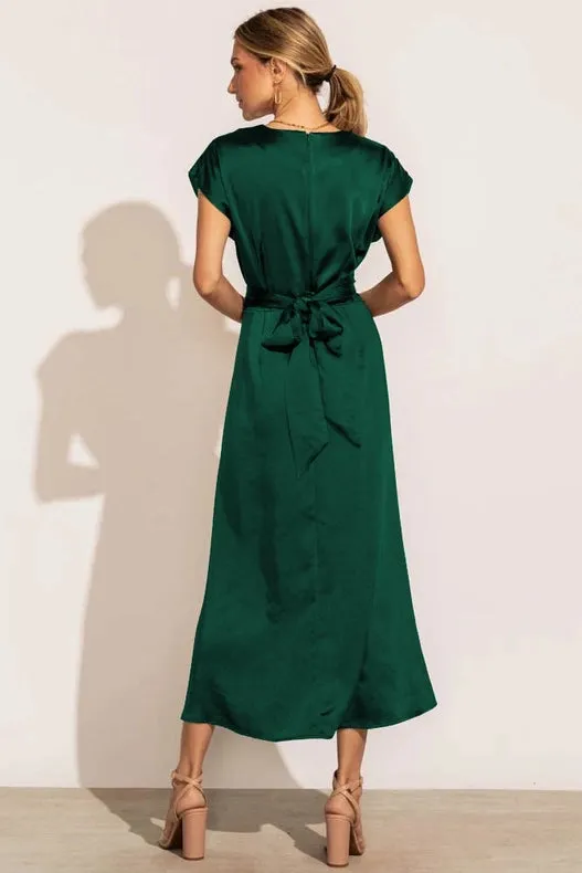 Sweetkama Ladies Waist Tie Short Sleeves Daily Party Dress Dark Green