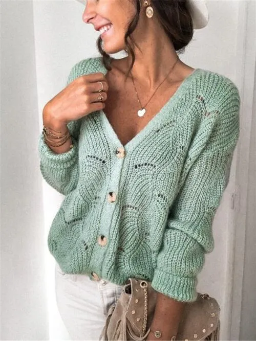 TastyHottie - Openwork Button Up Long Sleeve Cardigan