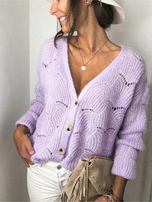 TastyHottie - Openwork Button Up Long Sleeve Cardigan