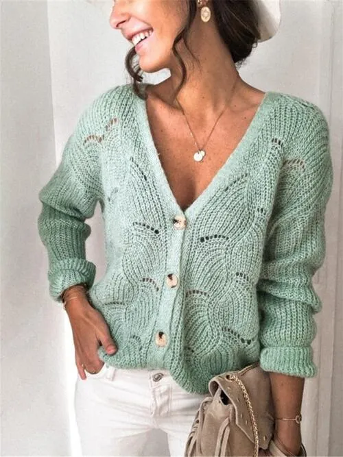 TastyHottie - Openwork Button Up Long Sleeve Cardigan