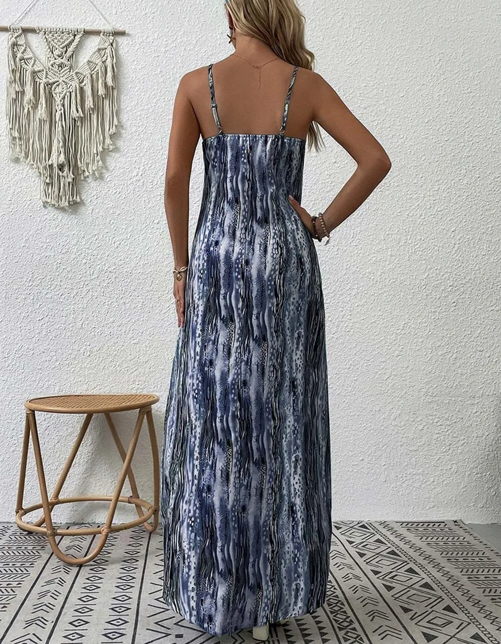 Tie-Dye Printed Strap Backless Midriff Asymmetrical Long Cami Dresses