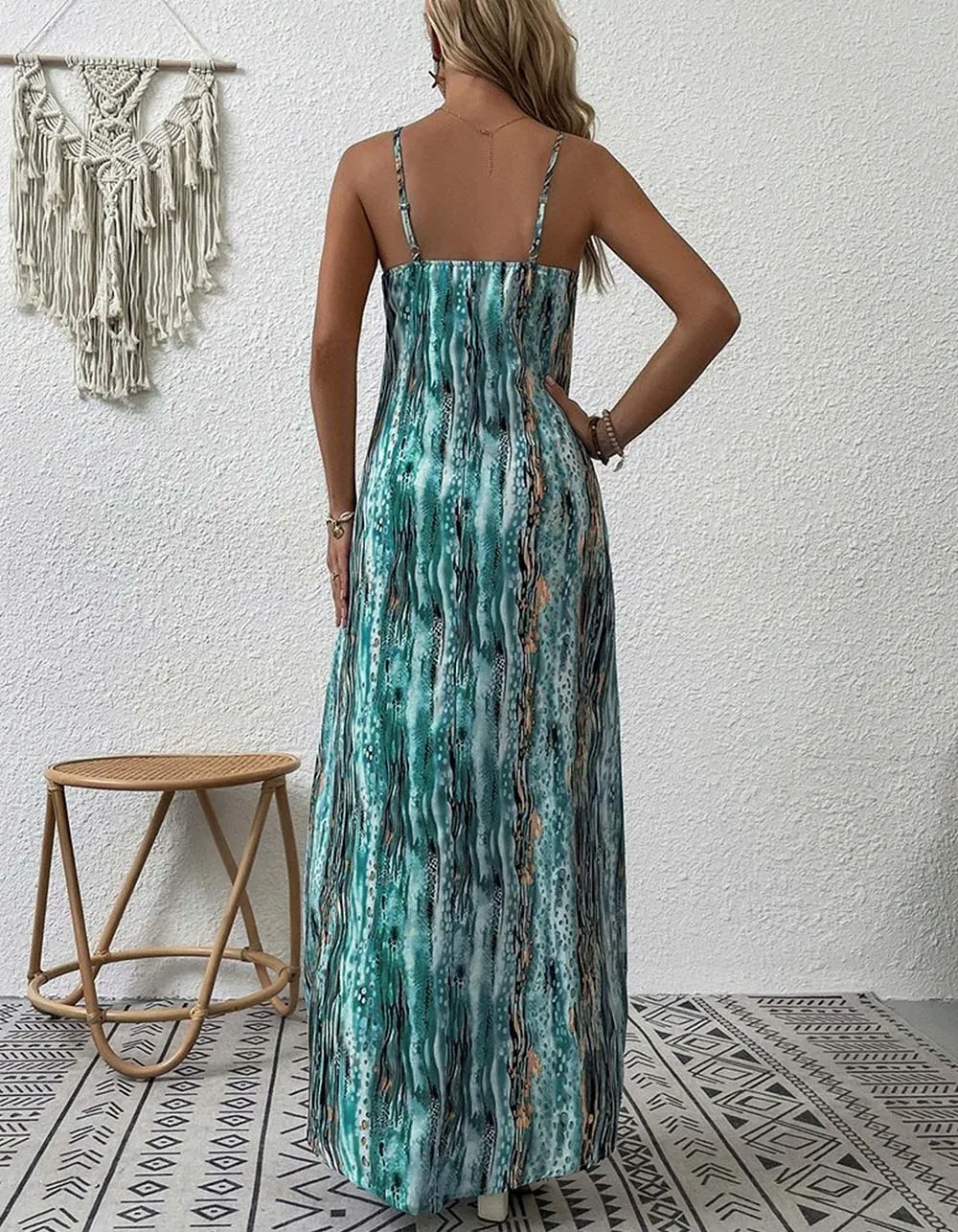 Tie-Dye Printed Strap Backless Midriff Asymmetrical Long Cami Dresses