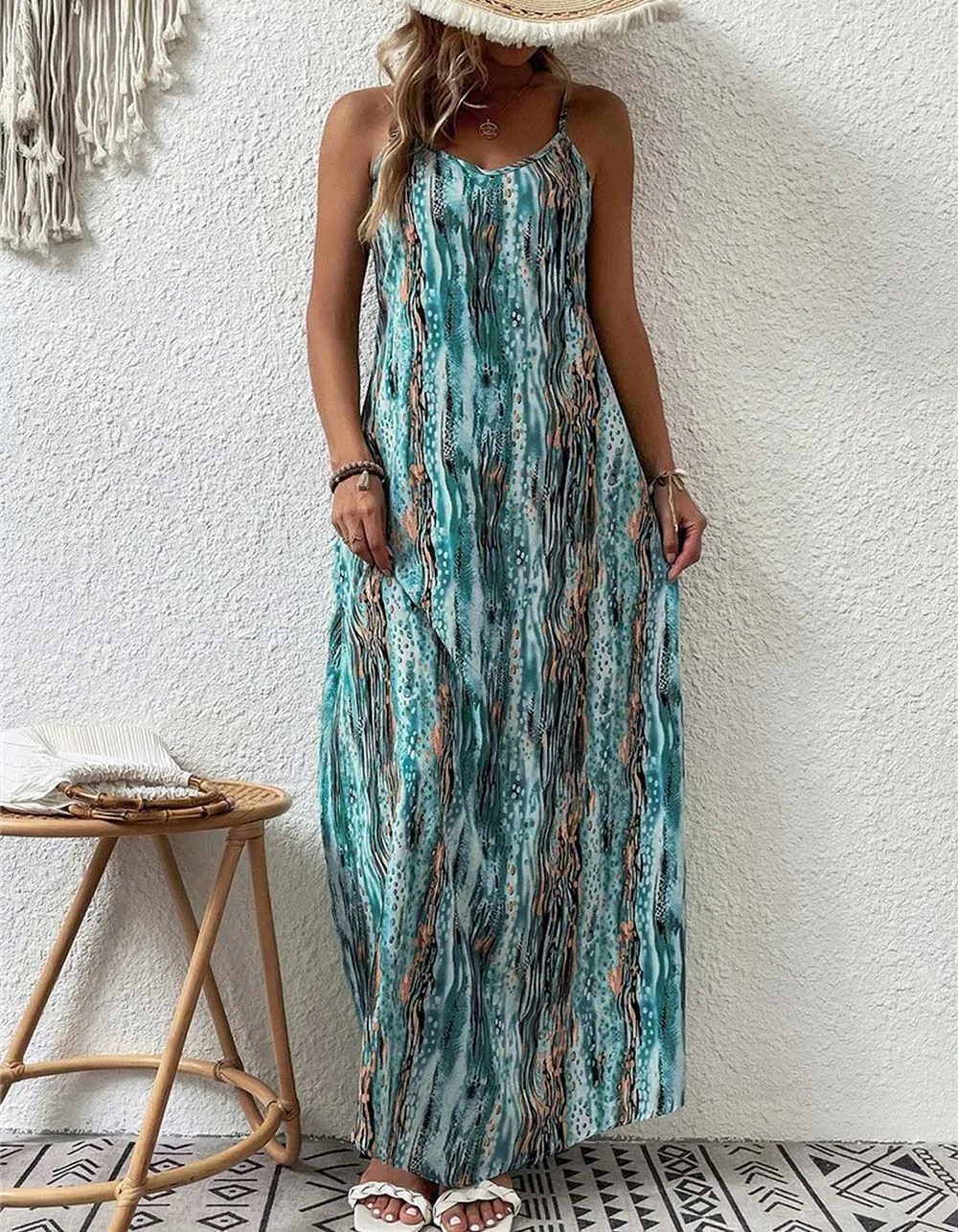 Tie-Dye Printed Strap Backless Midriff Asymmetrical Long Cami Dresses