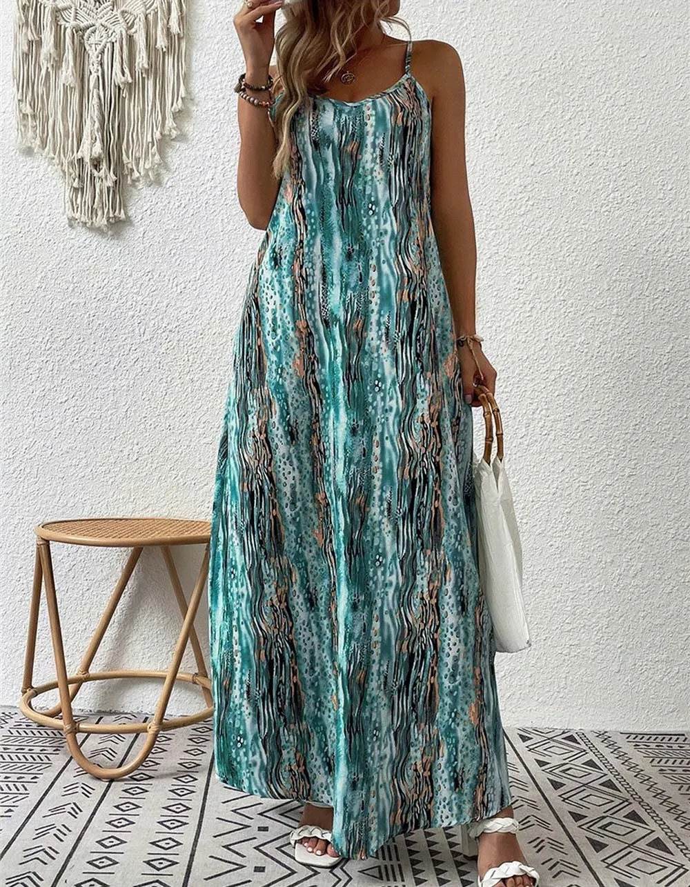 Tie-Dye Printed Strap Backless Midriff Asymmetrical Long Cami Dresses