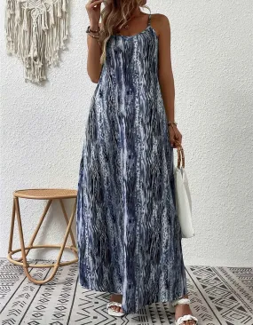 Tie-Dye Printed Strap Backless Midriff Asymmetrical Long Cami Dresses