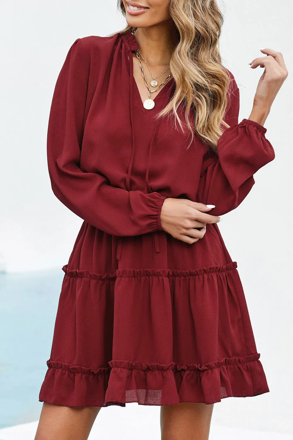 Tied Frill Trim Puff Sleeve Mini Dress