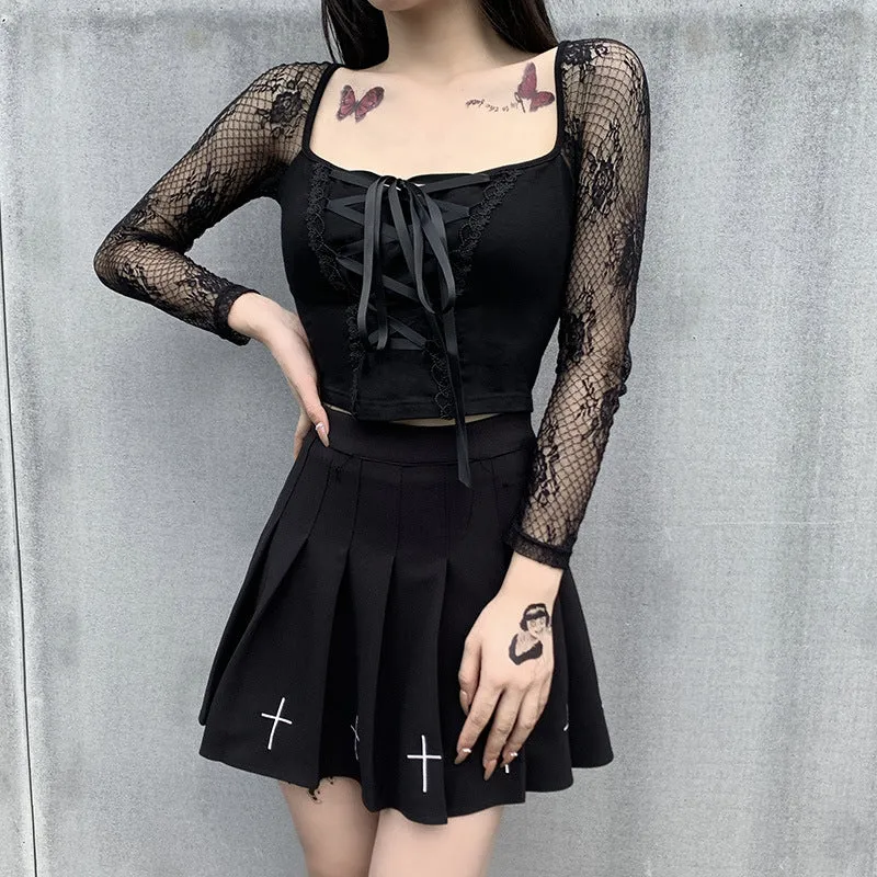 VenusFox Goth Dark Victorian Dress Corset T-shirts Bandage Black Punk Women Crop Tops Short Sleeve V-neck Sexy Lolita Bustier Blouse