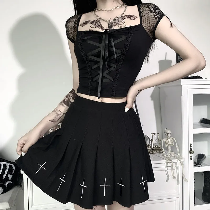 VenusFox Goth Dark Victorian Dress Corset T-shirts Bandage Black Punk Women Crop Tops Short Sleeve V-neck Sexy Lolita Bustier Blouse