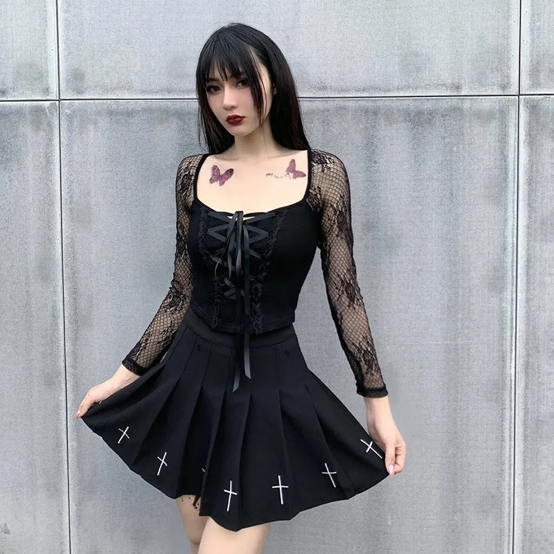 VenusFox Goth Dark Victorian Dress Corset T-shirts Bandage Black Punk Women Crop Tops Short Sleeve V-neck Sexy Lolita Bustier Blouse