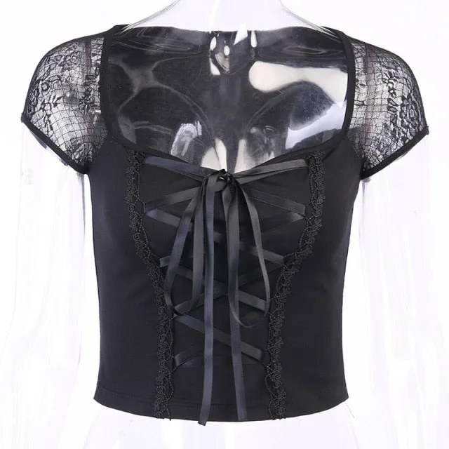 VenusFox Goth Dark Victorian Dress Corset T-shirts Bandage Black Punk Women Crop Tops Short Sleeve V-neck Sexy Lolita Bustier Blouse