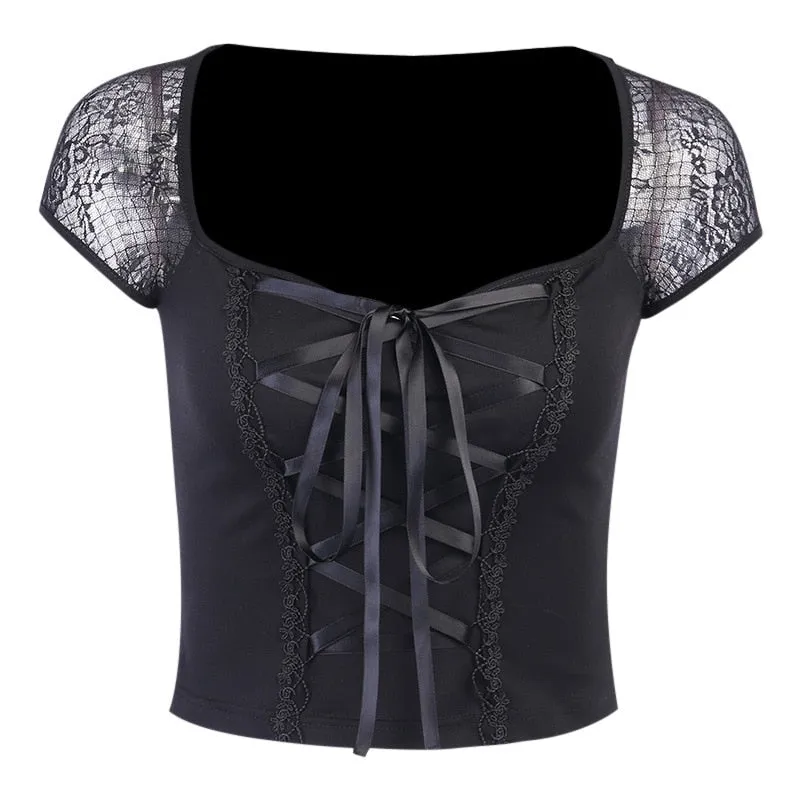 VenusFox Goth Dark Victorian Dress Corset T-shirts Bandage Black Punk Women Crop Tops Short Sleeve V-neck Sexy Lolita Bustier Blouse