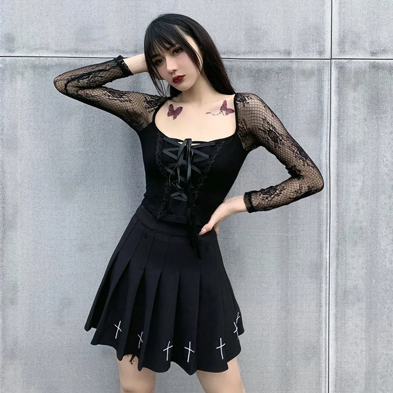 VenusFox Goth Dark Victorian Dress Corset T-shirts Bandage Black Punk Women Crop Tops Short Sleeve V-neck Sexy Lolita Bustier Blouse