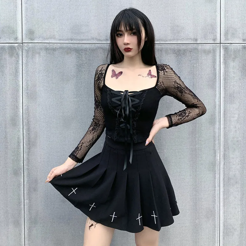 VenusFox Goth Dark Victorian Dress Corset T-shirts Bandage Black Punk Women Crop Tops Short Sleeve V-neck Sexy Lolita Bustier Blouse