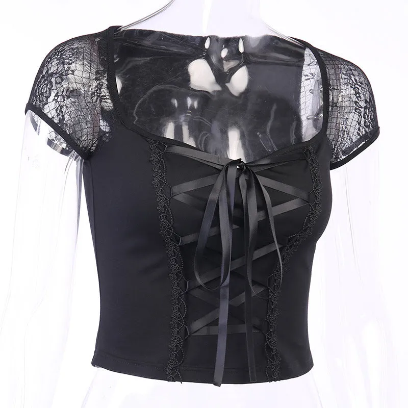 VenusFox Goth Dark Victorian Dress Corset T-shirts Bandage Black Punk Women Crop Tops Short Sleeve V-neck Sexy Lolita Bustier Blouse