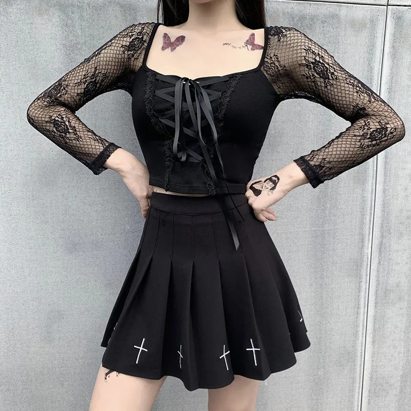 VenusFox Goth Dark Victorian Dress Corset T-shirts Bandage Black Punk Women Crop Tops Short Sleeve V-neck Sexy Lolita Bustier Blouse