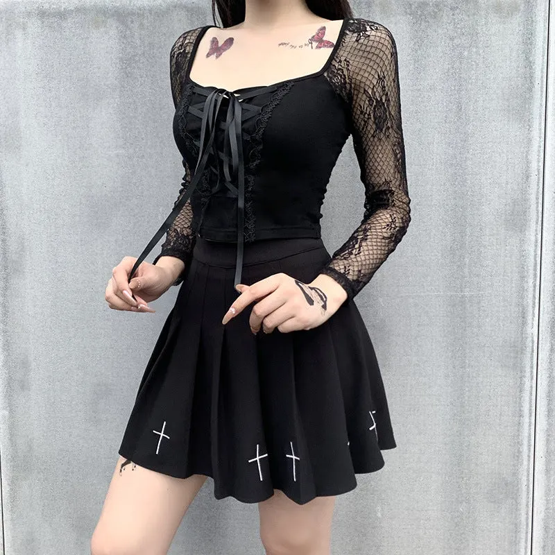 VenusFox Goth Dark Victorian Dress Corset T-shirts Bandage Black Punk Women Crop Tops Short Sleeve V-neck Sexy Lolita Bustier Blouse