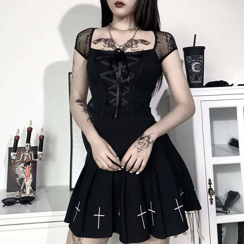 VenusFox Goth Dark Victorian Dress Corset T-shirts Bandage Black Punk Women Crop Tops Short Sleeve V-neck Sexy Lolita Bustier Blouse