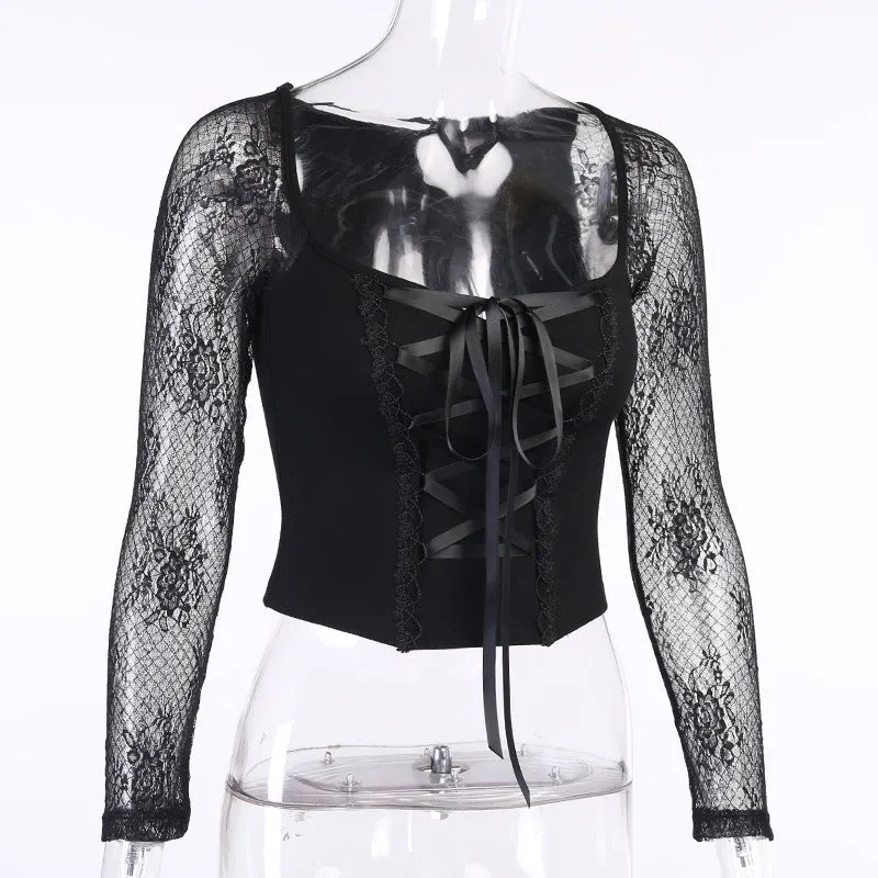 VenusFox Goth Dark Victorian Dress Corset T-shirts Bandage Black Punk Women Crop Tops Short Sleeve V-neck Sexy Lolita Bustier Blouse