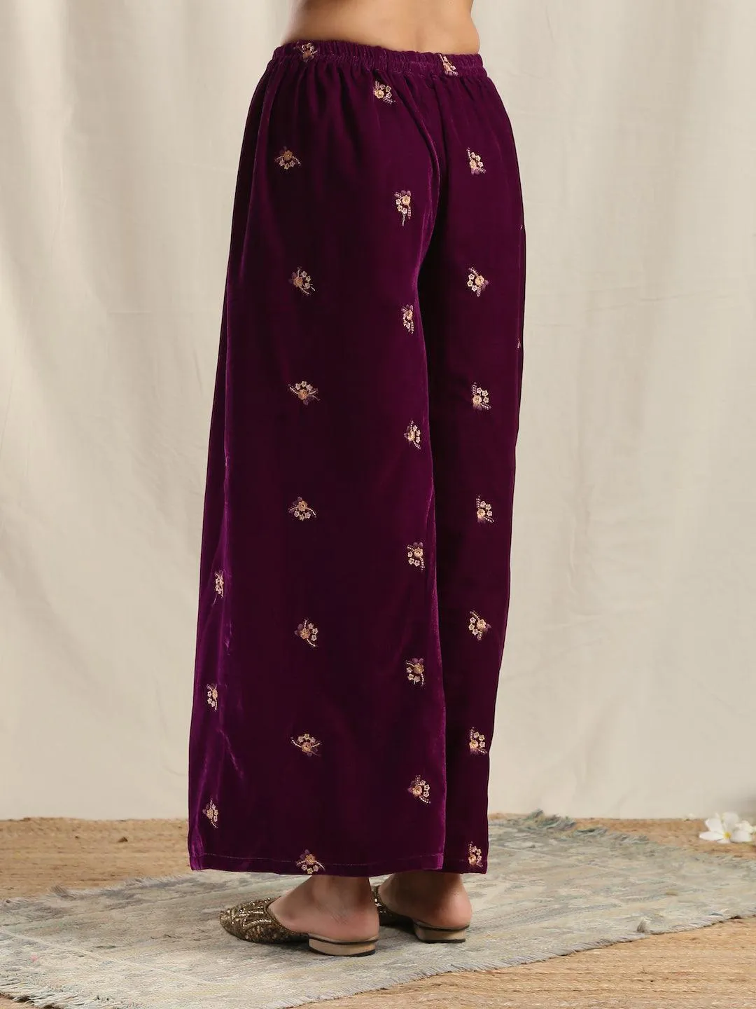 Wine Velvet Embroidered Palazzo