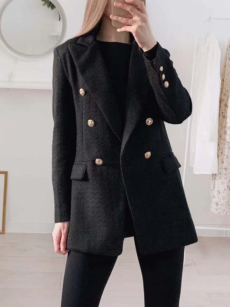 Wjczt Blazer Women 2022 Fashion Metal Double Breasted Woollen Blazers Coat Vintage Long Sleeve Female Outerwear Chic Tops