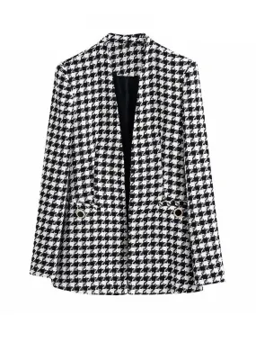 Wjczt Women Fashion Tweed Houndstooth Blazer Coat Vintage Long Sleeve Welt Pockets Female Outerwear Chic Veste