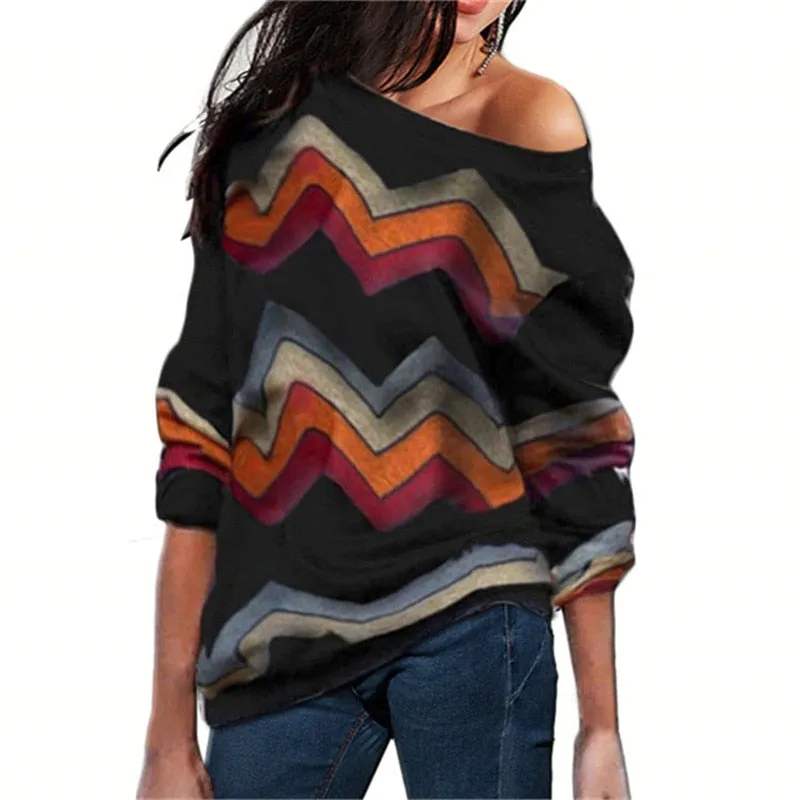 Women Blouses Off Shoulder Tops Striped Print Knitted Tops