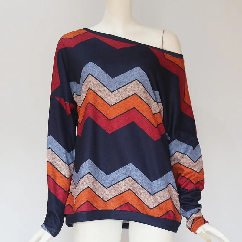 Women Blouses Off Shoulder Tops Striped Print Knitted Tops