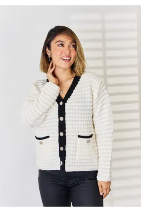 Women Contrast Trim Button Up Cardigan