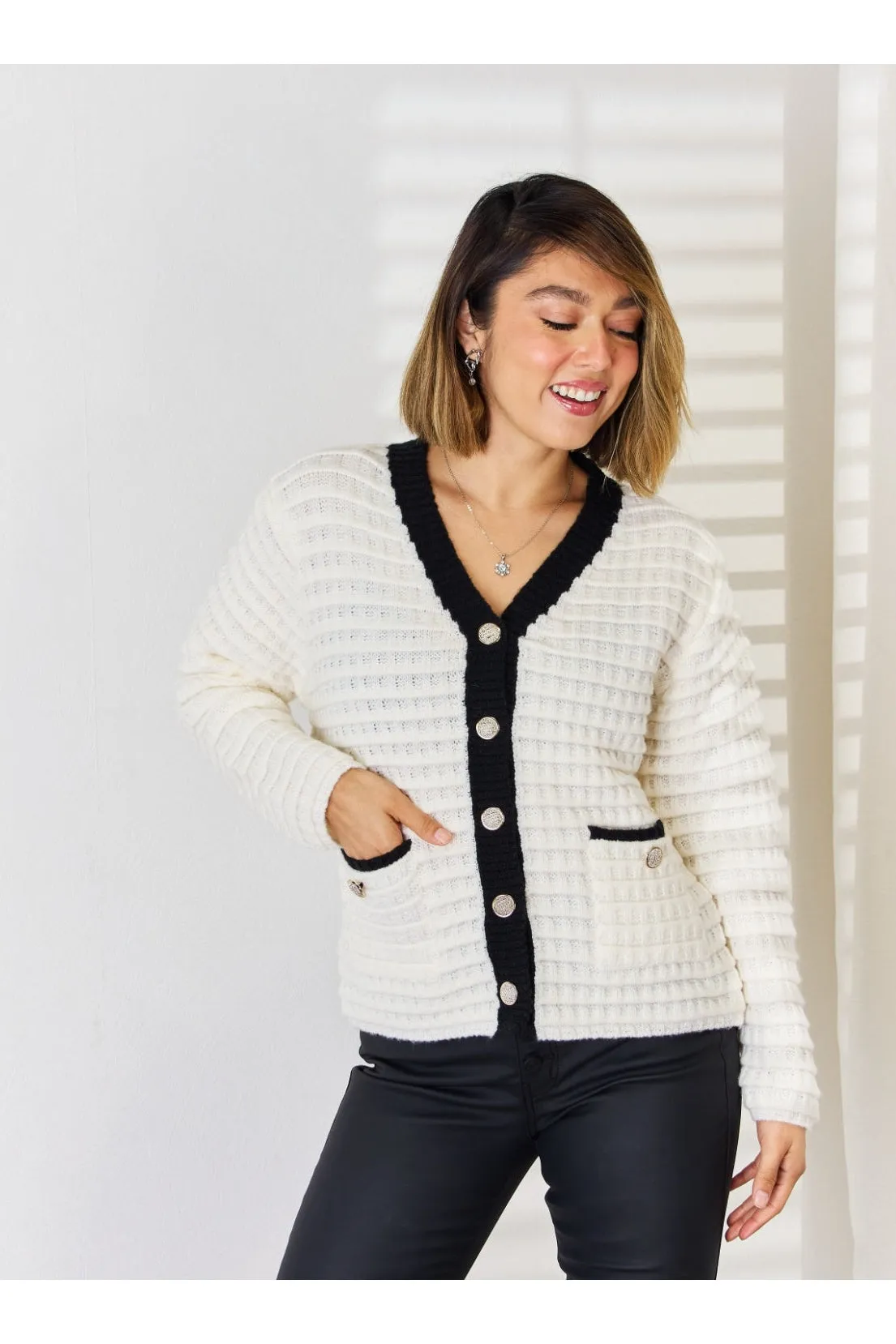 Women Contrast Trim Button Up Cardigan