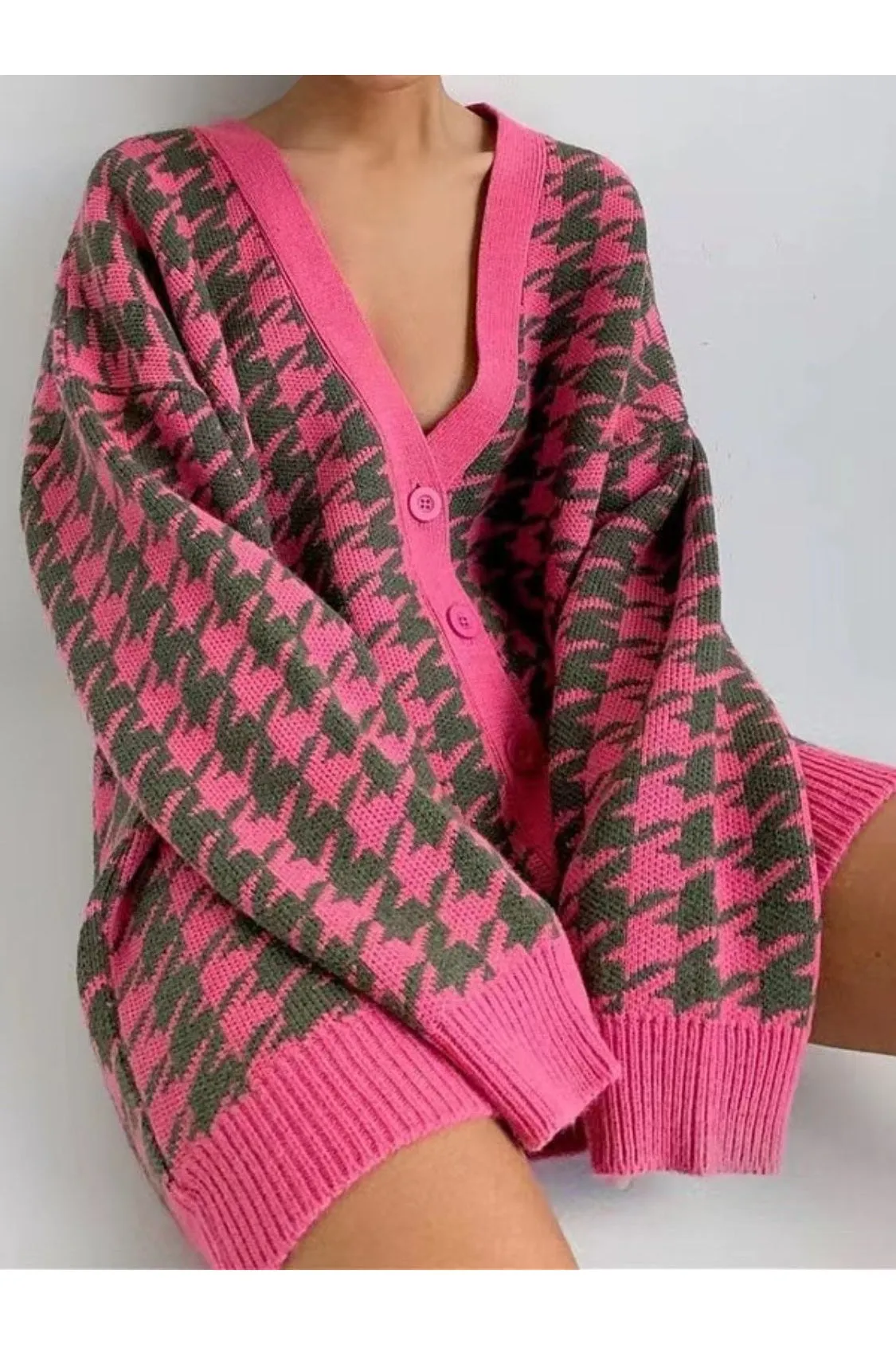 Women Houndstooth Button Up Long Sleeve Cardigan