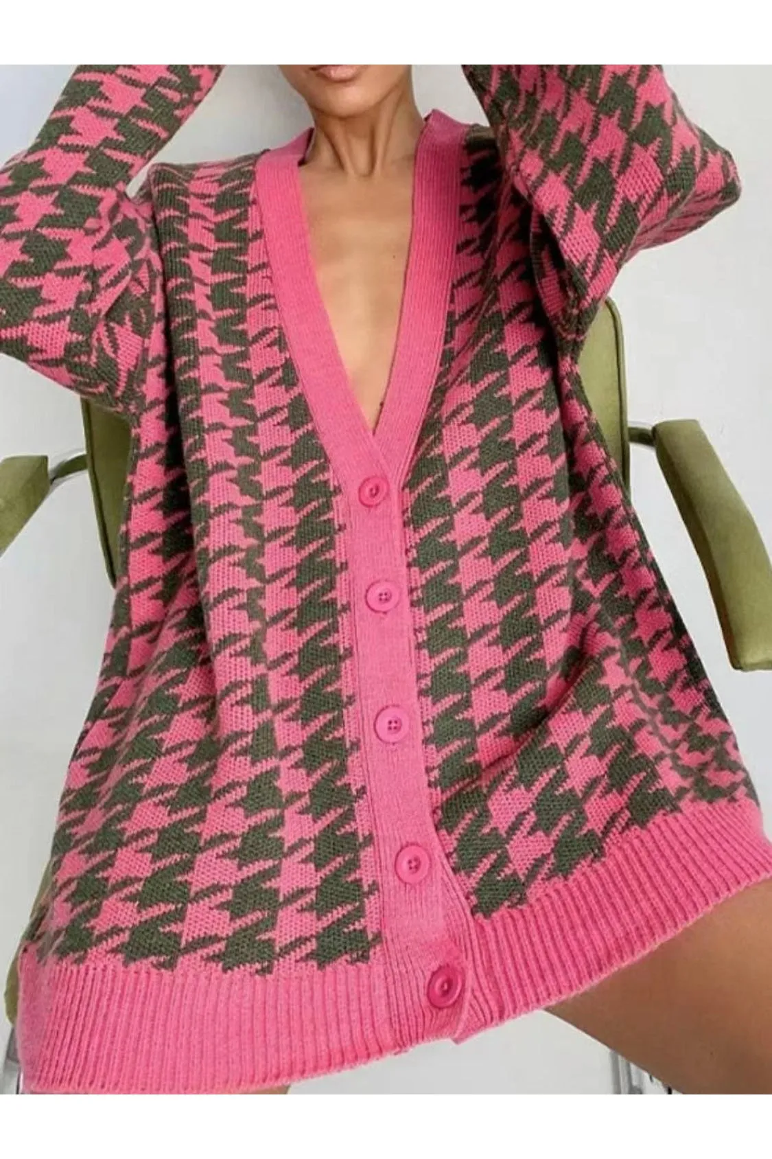 Women Houndstooth Button Up Long Sleeve Cardigan