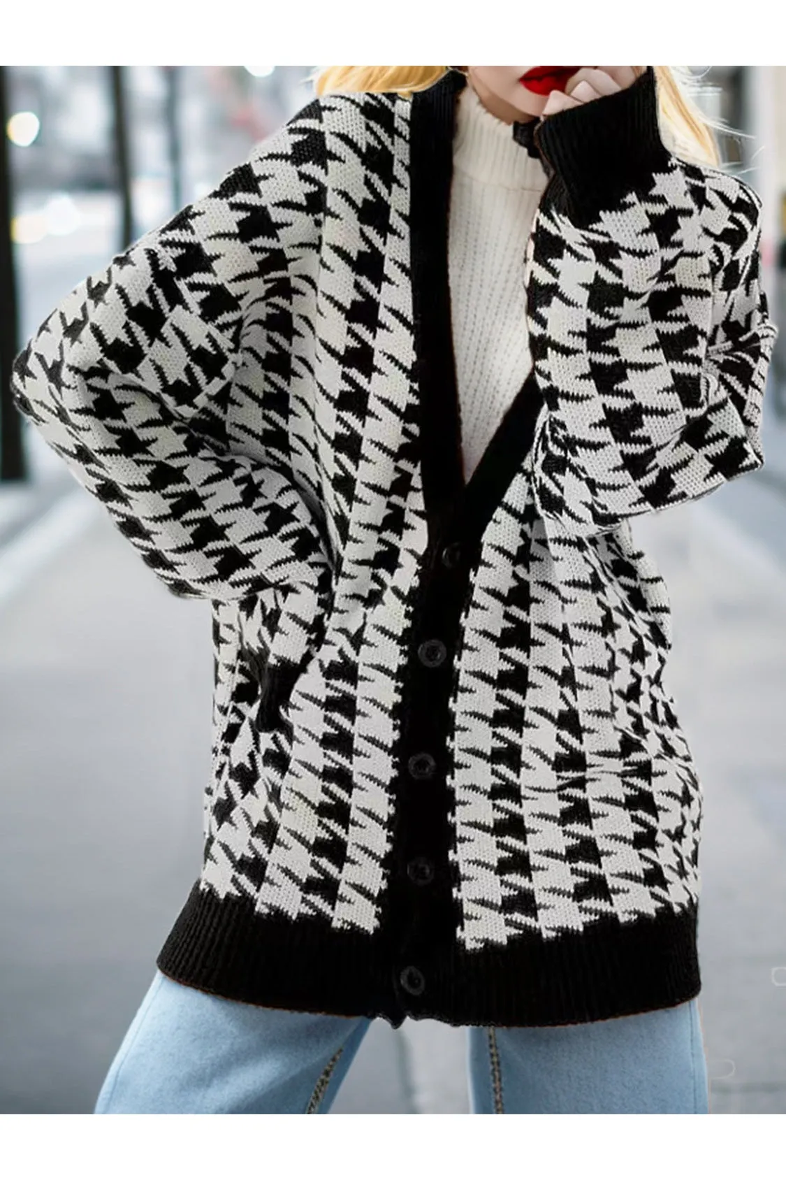 Women Houndstooth Button Up Long Sleeve Cardigan