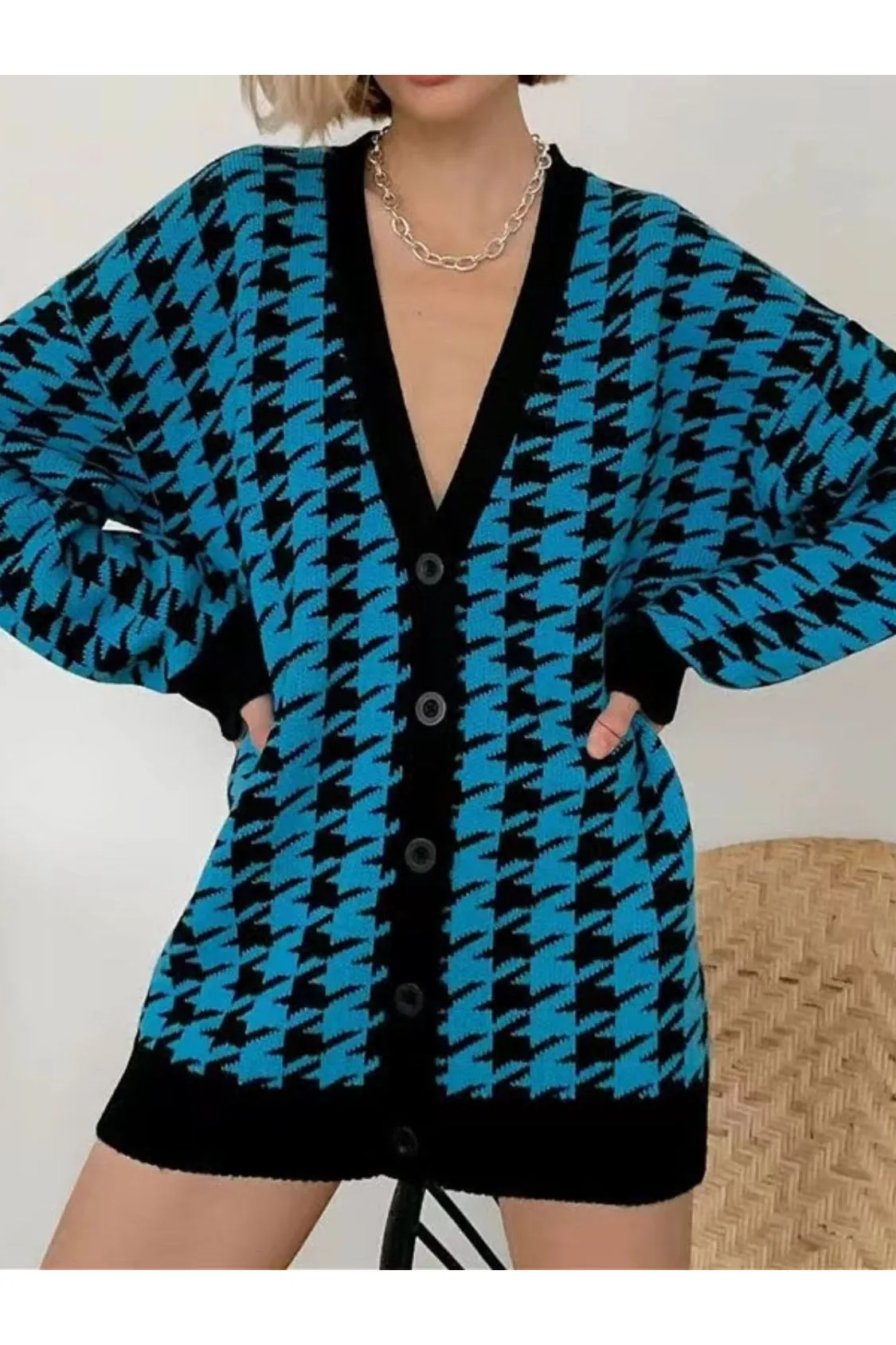 Women Houndstooth Button Up Long Sleeve Cardigan