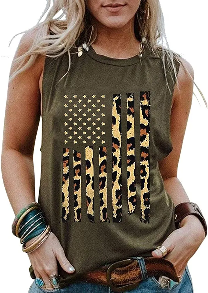 Women Leopard American USA Flag Patriotic Tank 4th of July Tank Top for Women