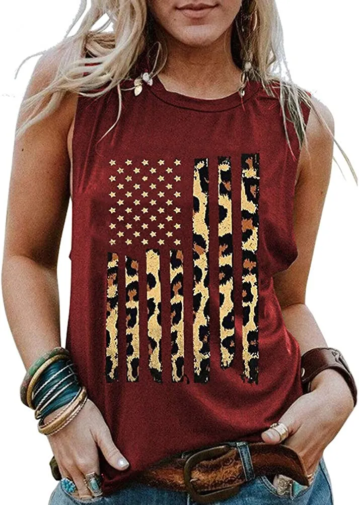 Women Leopard American USA Flag Patriotic Tank 4th of July Tank Top for Women