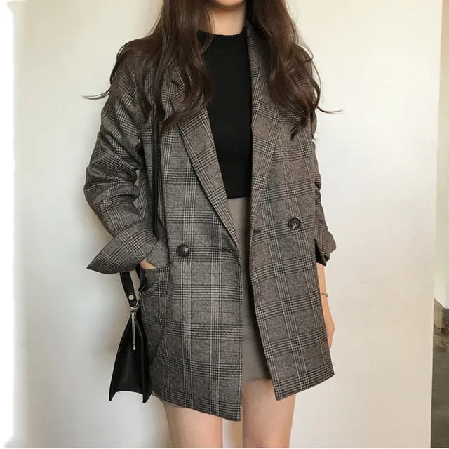 Women's Blazers | Plaid Double Breasted Pockets | Formal Jackets | Checkered Outerwear Tops