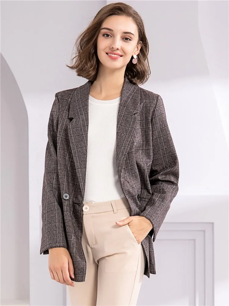 Women's Blazers | Plaid Double Breasted Pockets | Formal Jackets | Checkered Outerwear Tops