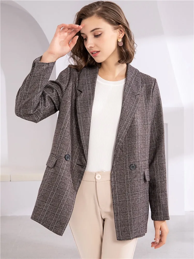 Women's Blazers | Plaid Double Breasted Pockets | Formal Jackets | Checkered Outerwear Tops